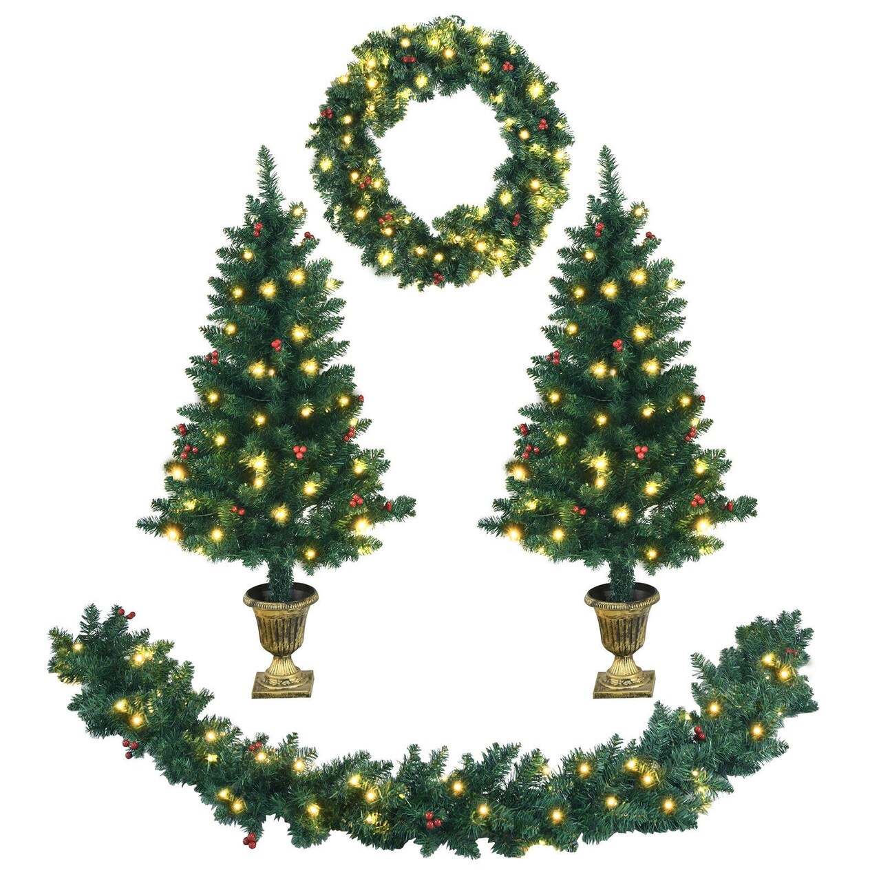 4 Feet Battery Operated Pre-Lit Christmas Tree Set with 24" Wreath and 9 Fete Garland 200 LED Lights
